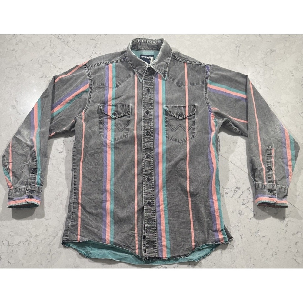 VTG 90s Wrangler Brushpopper Shirt Mens 16-34 Multicolor Western Cowboy Rodeo